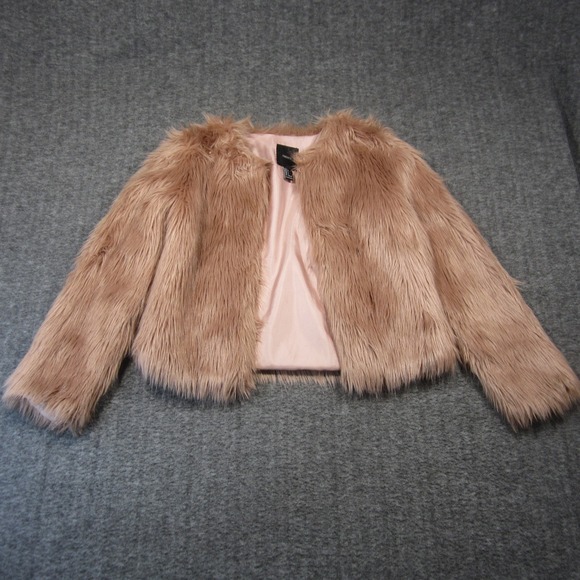 Forever 21 Faux Fur Cropped Jacket S Tan Open Front Pink Lined Shaggy Y2k Glam - Picture 2 of 8